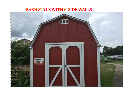 Barn style shed with 6 foot side walls — red with white trim